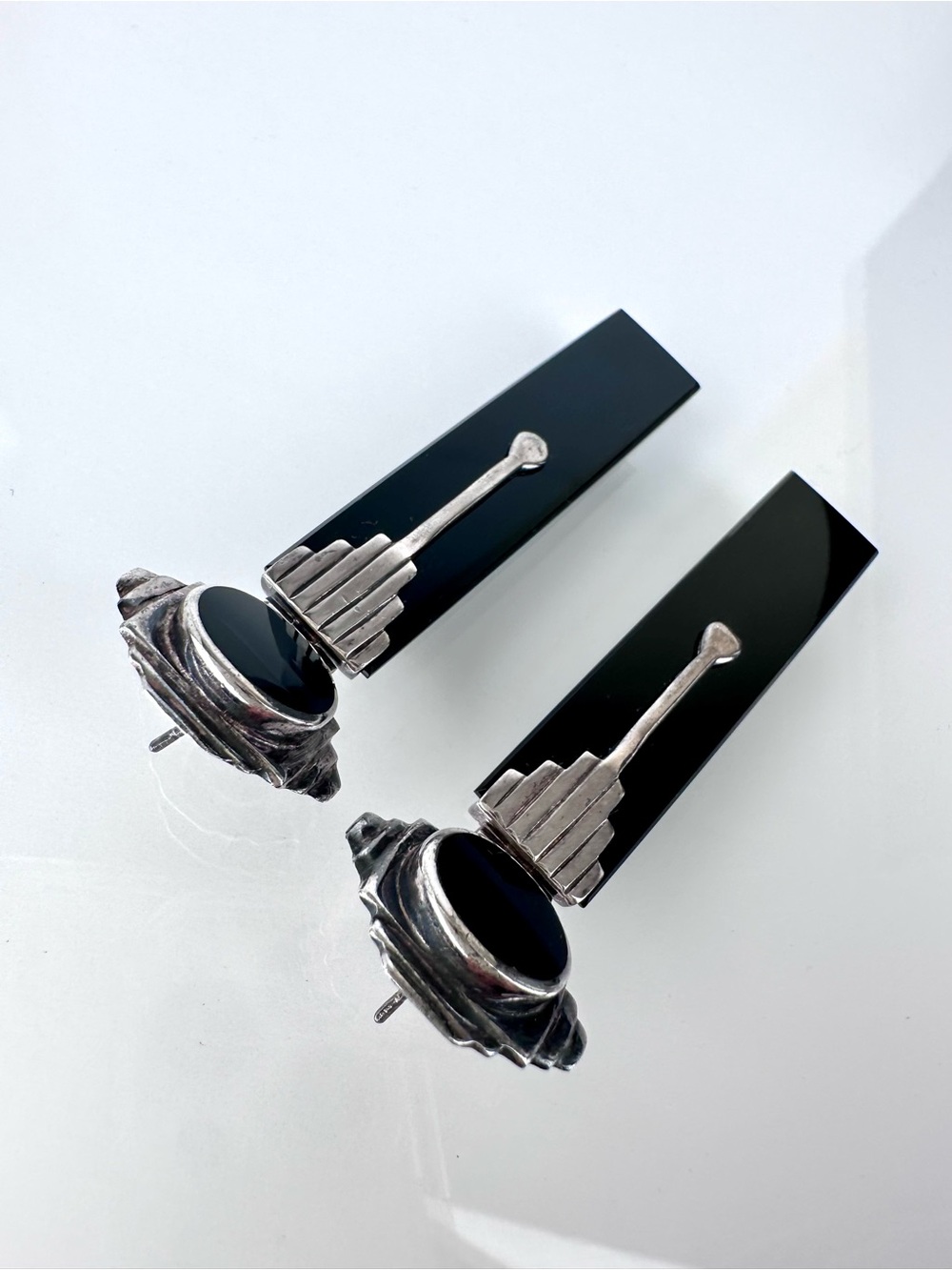 Vintage 925 Sterling Silver Black Onyx Art Deco Architectural Earrings - Picture 10 of 12